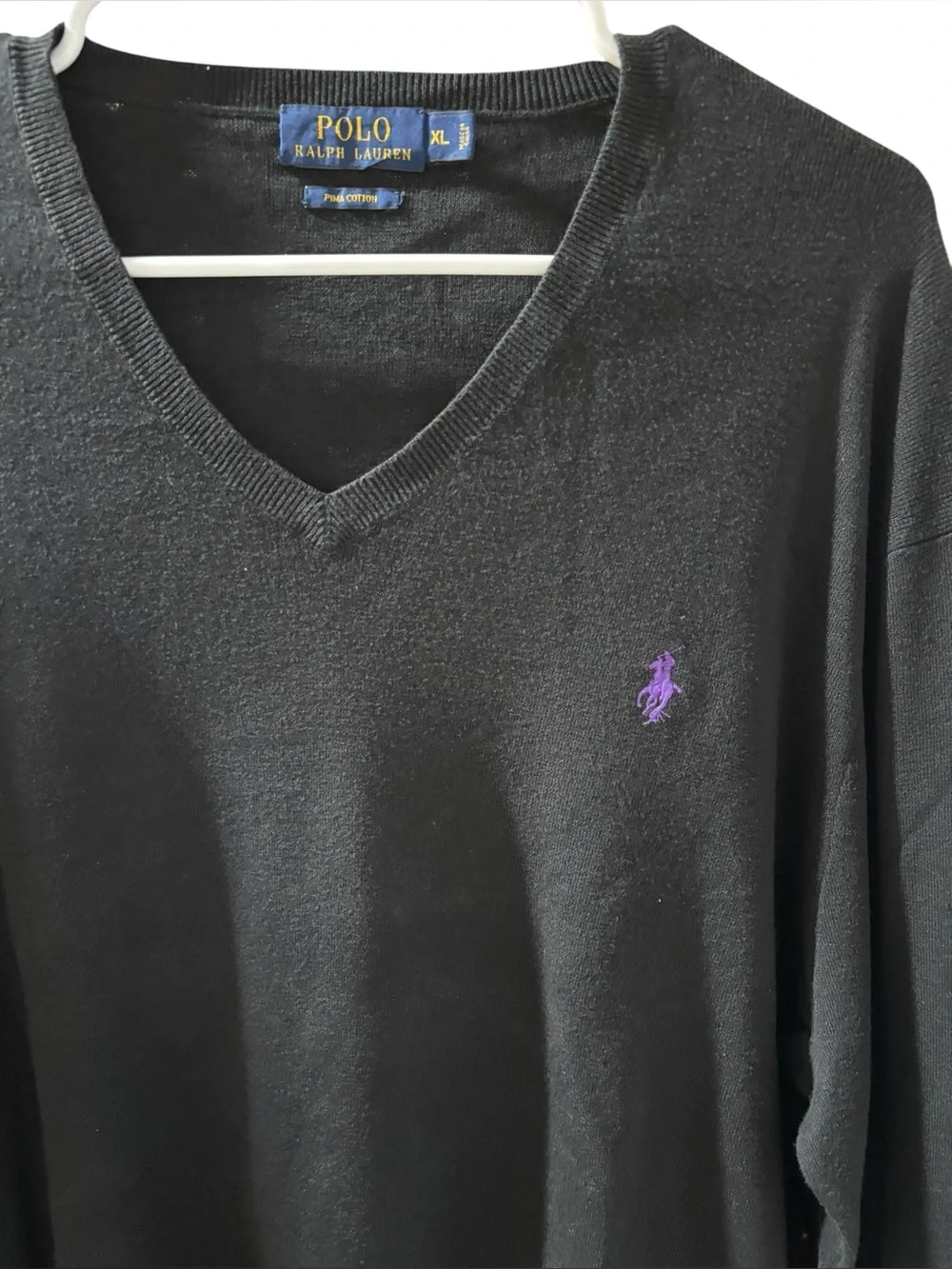 Polo by Ralph Lauren Men’s Black V-Neck Sweater with‎ Purple Logo Size XL